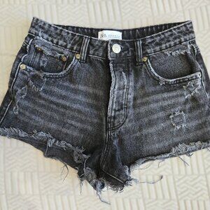 ZARA Distressed Black Denim High-Rise Shorts | Size 2 (EUR 34)